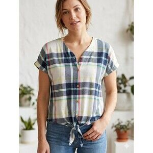 New York Laundry Plaid Tie-Front V-Neck Top Size Small